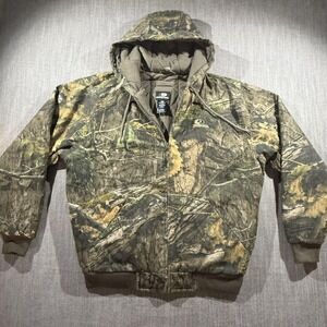 Vintage Mossy Oak Jacket Mens Large Camo Hooded Insulated Bomber Hunting Outdoor